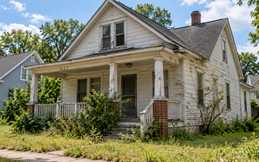 Vacant, neglected home in Hampton Roads with overgrown landscaping and peeling exterior paint